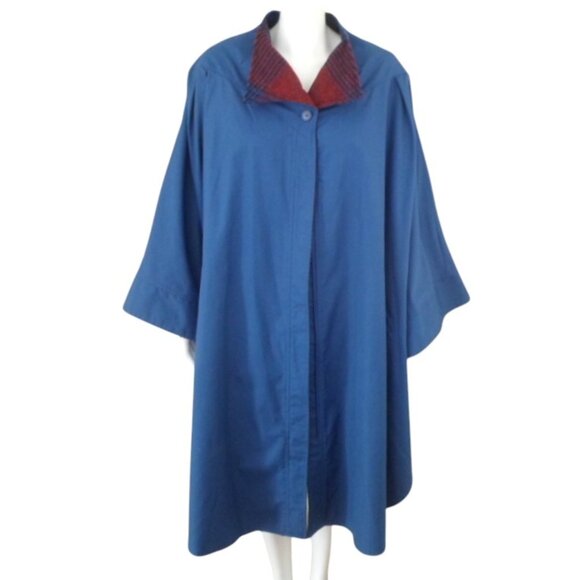 Vintage PORTRAIT Reversible Poncho Cape Blue Patchwork Plaid Print - Picture 5 of 12